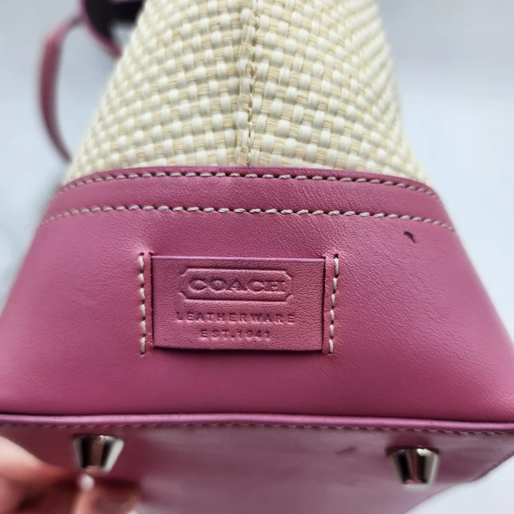 Y2K Coach Woven Straw Tote Bag Pink Leather Trim Buckle Preppy Shoulder Purse